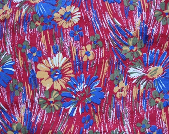 Tela de franela de algodón vintage, tela de algodón floral vintage, tela retro con flores naranjas, rojas, amarillas y azules. 74 x 249 cm.