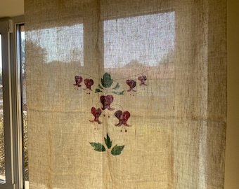 Scandinavian Linen Curtain Panel Window Decor Wall Tapestry Retro Grey Wall Textile Hand Painted Flowers Floral Home Decor