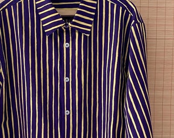 MARIMEKKO Jokapoika Shirt Unisex Long Sleeve Top Purple Yellow Cotton Top Size XL, Scandinavian Design Finland Vintage