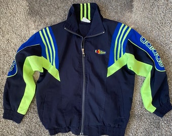 Vintage Adidas Kids Sport Jacket Children Boys Girls Blue Neon Green Wind Breaker, Retro Sportswear Size 9 Unusex Kids