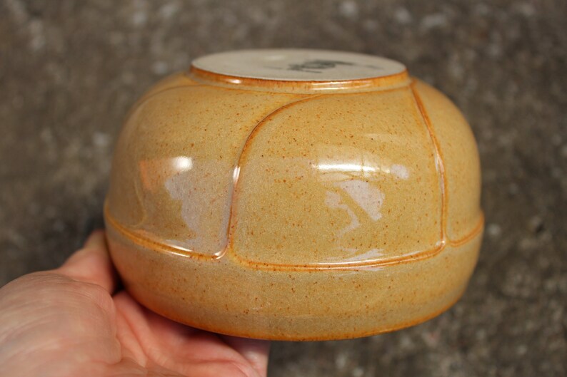 May include: A ceramic bowl with a light brown glaze and a slightly textured surface. The bowl has a rounded shape with four distinct sections.
