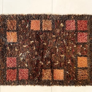 Scandinavian Rya Rug Vintage Wool Rug Geometric Pattern Brown Mid Century Modern Design Handmade Wool Carpet Scandinavian Design