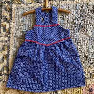 Vintage Girl Dress.  Blue Home Made Overall Dress Size 4 Retro Cotton Dress.