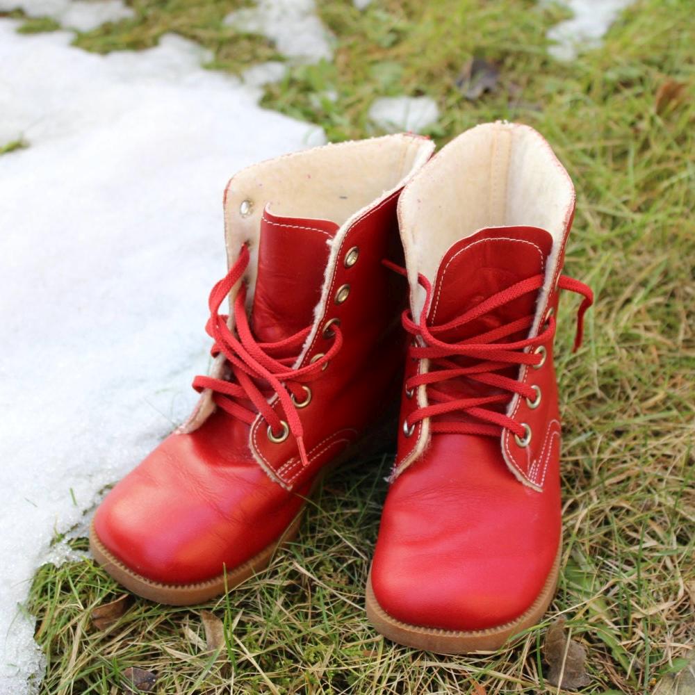 80s Vintage Kids Winter Boots Girl Red Leather Footwear Natural