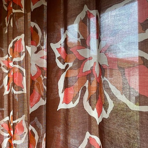 Set of 2 Scandinavian Vintage Curtain Panels Orange Brown Big Flowers Decorative Home Decor Acrylic Fabric Light Short Curtains