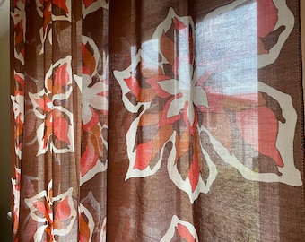 Set of 2 Scandinavian Vintage Curtain Panels Orange Brown Big Flowers Decorative Home Decor Acrylic Fabric Light Short Curtains