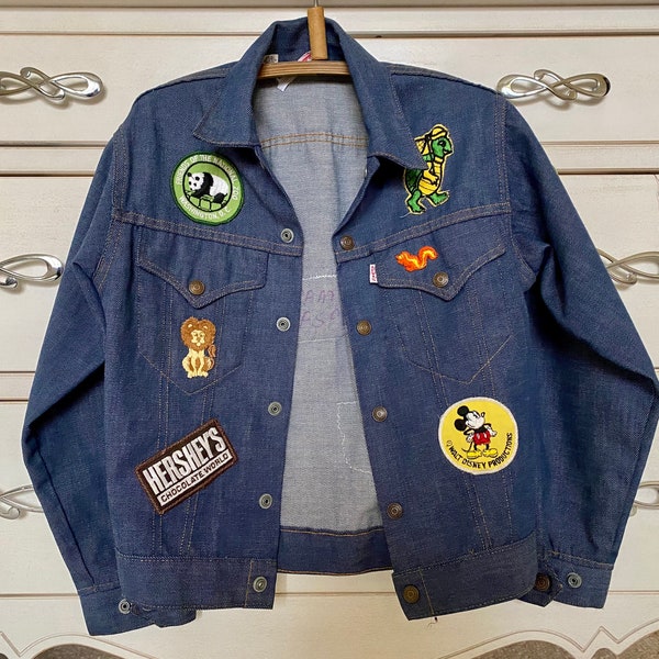 Levis Denim Jacket Kids vintage Jacket Blue Hippie Patches Mickey Hersheys Ginos Cowboys Bears Denim Jacket Retro Manteaux Taille 14