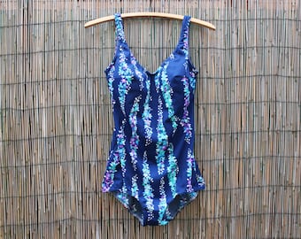Vintage blauw badpak, vintage DDR-badpak, blauwe badkleding met kleine bloemen, maat L, gemaakt in Duitsland DDR, verzamelobject