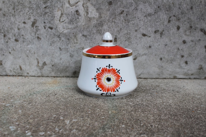 Vintage Sugar Pot with Red Ornament Russian Retro Kitchen Decor Collectible Soviet Sugar Bowl Made in USSR