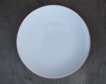 Höganäs Keramik Teller Vintage Weißer Beilagenteller roter Rand Hoganas Stengods Steinzeug, Skandinavisches Design