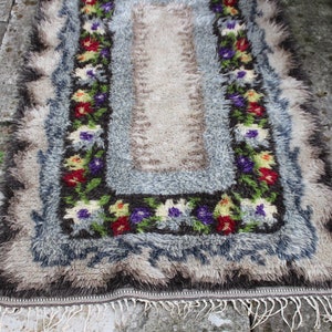 Scandinavian Rya Rug Vintage Wool Rug with Roses Mid Century Handmade Wool Carpet Scandinavian Design