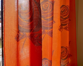 Scandinavian Vintage Orange Acrylic Wool Curtain Panel Big Rose Flower Pattern Tablecloth Easter Scandi Home Decor Retro Swedish Textiles