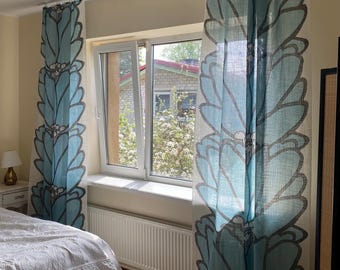Vintage Scandinavian Floral Curtain Pair 70s Nordic Sheer Curtains Blue Flower Curtain Panels, Mid Century Textile Marimekko Style 234x140cm