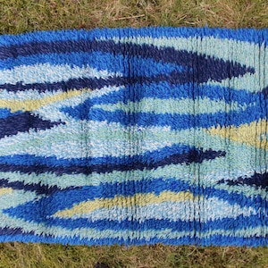 Scandinavian Rya Rug Swedish Mid Century Wool Modern Design Handmade Vintage Carpet in Blue Colours Scandinavian Design