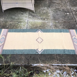 Scandinavian Vintage Wool Runner Rug Swedish Mid Century Green Beige Purple Color Handmade Carpet Scandinavian Design
