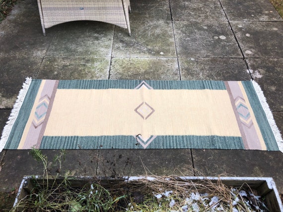 Scandinavian Vintage Wool Runner Rug Swedish Mid Century Green Beige Purple Color Handmade Carpet Scandinavian Design