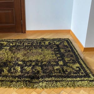 Scandinavian Rya Rug Green Vintage Christmas Wool Carpet Mid Century Modern Design Handmade 60s Home Decor Scandinavian Design