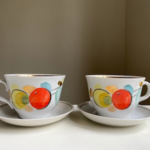 Ukraine Cups Set of 2 Tea Coffee Cups with Saucer, Hand Painted Mismatched Set