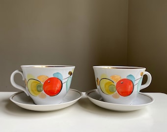 Ukraine Cups Set of 2 Tea Coffee Cups with Saucer, Hand Painted Mismatched Set