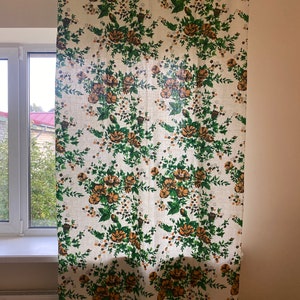 Swedish Curtain Panel Scandinavian Vintage 70s Cotton Curtain Green Flowers, Decorative Home Decor Cotton Fabric