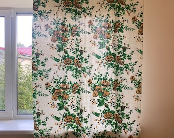 Swedish Curtain Panel Scandinavian Vintage 70s Cotton Curtain Green Flowers, Decorative Home Decor Cotton Fabric