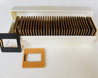 Soviet Vintage Set of 36 Orange Black Slide Frames for Diapositives, Plastic Original Box, Made in USSR