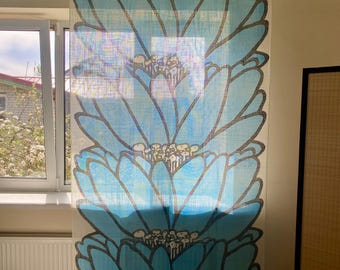 Vintage Scandinavian Floral Curtain Panel 70s Nordic Sheer Curtain Blue Flower Curtain Panel, Mid Century Textile  234x140cm