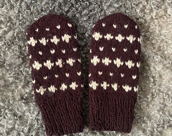 Vintage Handmade Kids Mittens Brown Boys Girls Knitted Natural Wool Warm Mittens Unused Traditional Winter Mittens