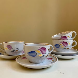 Set of 4 Riga Porcelain Factory Hand Painted Coffee Cup and Saucer, Small Set with Hand Painted Flowers Decoration Latvia Riga Porcelain