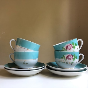 Ukraine Coffee Cups Vintage Set of 4 Tea Coffee Cups with Saucer Dovbysh Porcelain Light Blue Green Pink Flowers Tableware