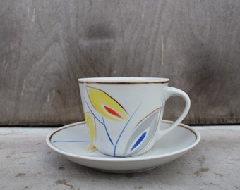 Ukraine Hand Painted Coffee or Tea Cups with Saucer, Baranivka Porcelain Factory Vintage Drinkware Made Ukraine Collectible