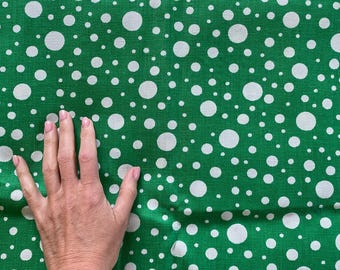 Vintage Polka Dot Fabric Cotton Fabric Green White Retro Fabric Estonia Collectible 70s Fabric Green, Home Decor Fabric