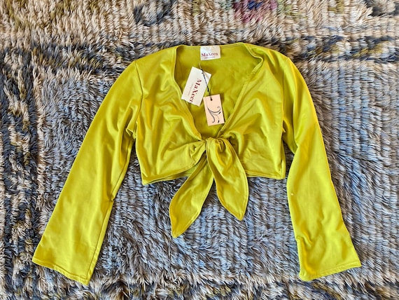 Y2K Tie up Crop Top Neon Green Stretchy Tie up Long Sleeve T