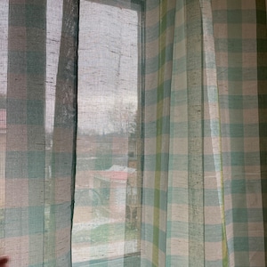 Cortina de lino vintage de tela verde y beige a cuadros, cortina de lino a cuadros, decoración vintage sueca escandinava para el hogar, tela ligera para el hogar