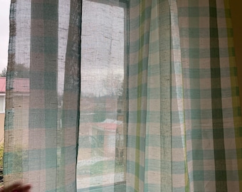 Vintage Linen Curtain Fabric Green Beige Plaid Linen Curtain Checkered Swedish Scandinavian Vintage Home Decor Light Fabric Home
