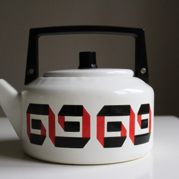 Soviet Enamel Kettle, For Decorative Use, Vintage White Tea Coffee Pot with Red Black Geometric Pattern. Vintage Enamelware. Made in USSR.