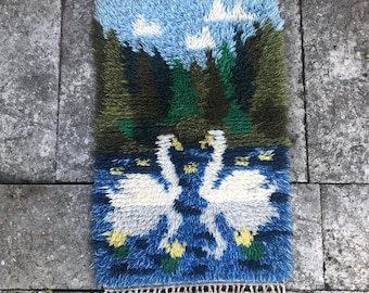 Scandinavian Vintage Wool Rya Rug Swan Small Blue Swedish High Pile Rug Mid Century Modern Shag Rug Handmade Wool Carpet Bathroom Fluffy Rug