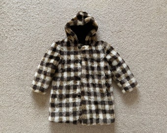Vintage Kids Fur Coat, Vintage Faux Fur Brown Plaid Warm Winter Coat with Hood Collectible