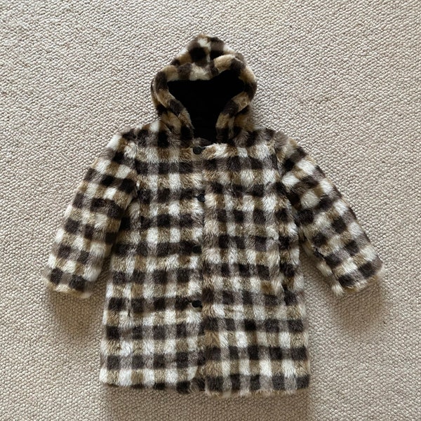 Vintage Kids Fur Coat, Vintage Faux Fur Brown Plaid Warm Winter Coat with Hood Collectible