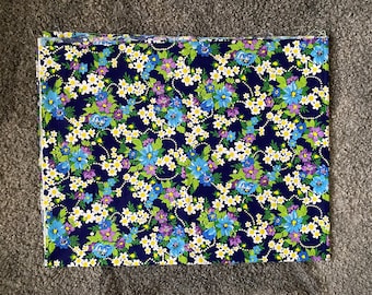 Vintage Cotton Flower Fabric Small Summer Flowers Blue Green Yellow Sewing 80s Retro Collectible