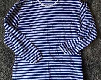 Marimekko Blau Weiß Gestreiftes Langarm-Shirt Made in Finland, Klassisches Nordisches Design Baumwoll Top, Skandinavischen Minimalistischen Stil Gr. XXL