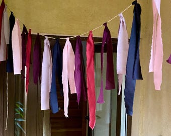 Ribbon Garland Red Handmade Cotton Fabric Banner Long Eco Friendly Wedding Garland, Reusable Party Backdrop Boho Cafe Decor Bohemian Bunting