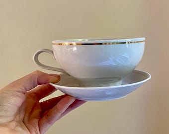 3 Vintage Ukraine Big Tea Cups Vintage Tea Cup and Saucer Set White Golden Stripes Retro Kitchen Decor
