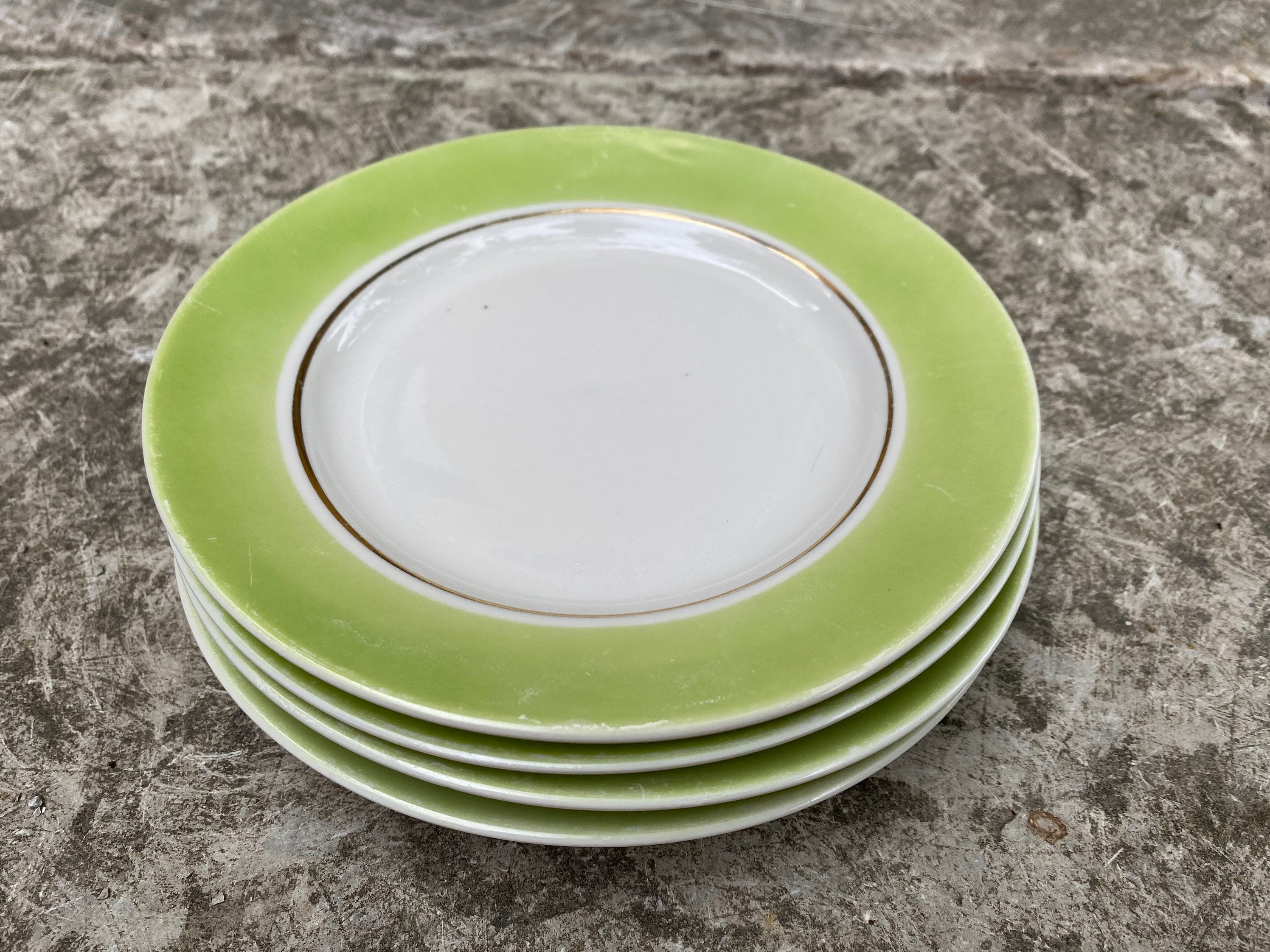 Riga Porcelain Factory Plates Set of 4 Vintage Plate with Green Border and Golden Rim Decoration. Made in Latvia Collectible