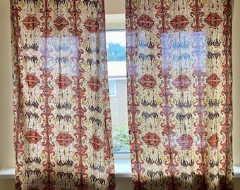 Vintage Cotton Barkcloth Curtains Textured Woven Decorative Fabric Brown Abstract Print Home Decor 80s Set of 2 Curtain Panels