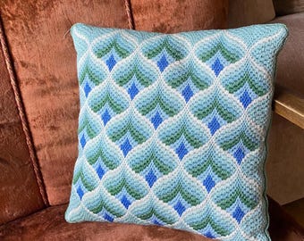 Vintage Needlepoint Pillow Velvet Back Scandinavian Embroidery Cushion 32x32cm Green Blue Geometric Retro Mid Century Boho Throw Pillow