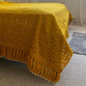 Vintage Scandinavian Bedspread Mustard Yellow Woven Bed Cover Mid Century Nordic Queen King Size Retro Textile 225x250cm