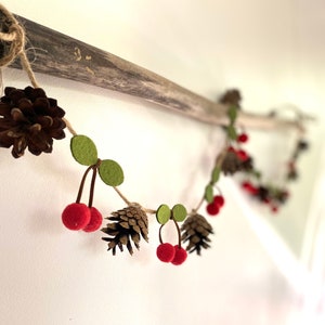 Puede incluir: Una guirnalda festiva hecha de fieltro con piñas, hojas verdes y cerezas rojas. La guirnalda está enhebrada en una cuerda y cuelga de una rama.