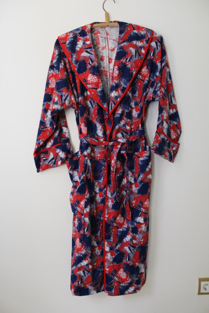 Unused Russian Retro Red Blue Cotton Flannel Long Sleeve Robe Made in USSR 1990s NOS Soviet Vintage Flannel Dressing Gown