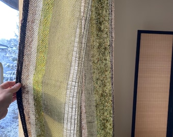 Scandinavian Vintage Curtain Pair Green Textured Weave Mid Century Nordic Window Decor 2 Panels Retro Olive Green Striped Textile